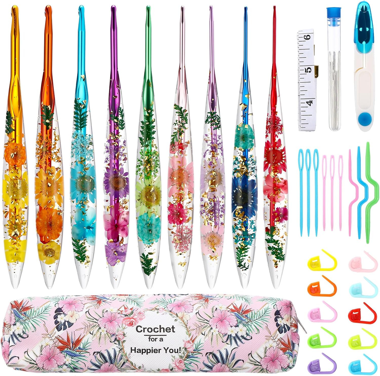 9 Pcs Crochet Hook Set, 2.0Mm-6.0Mm Ergonomic Crochet Hooks with Long Floral Han