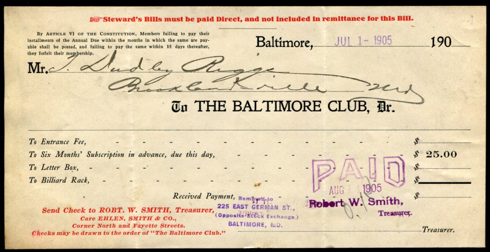 BALTIMORE, MD ~ The Baltimore Club ~ Six Months Dues Receipt July 1905