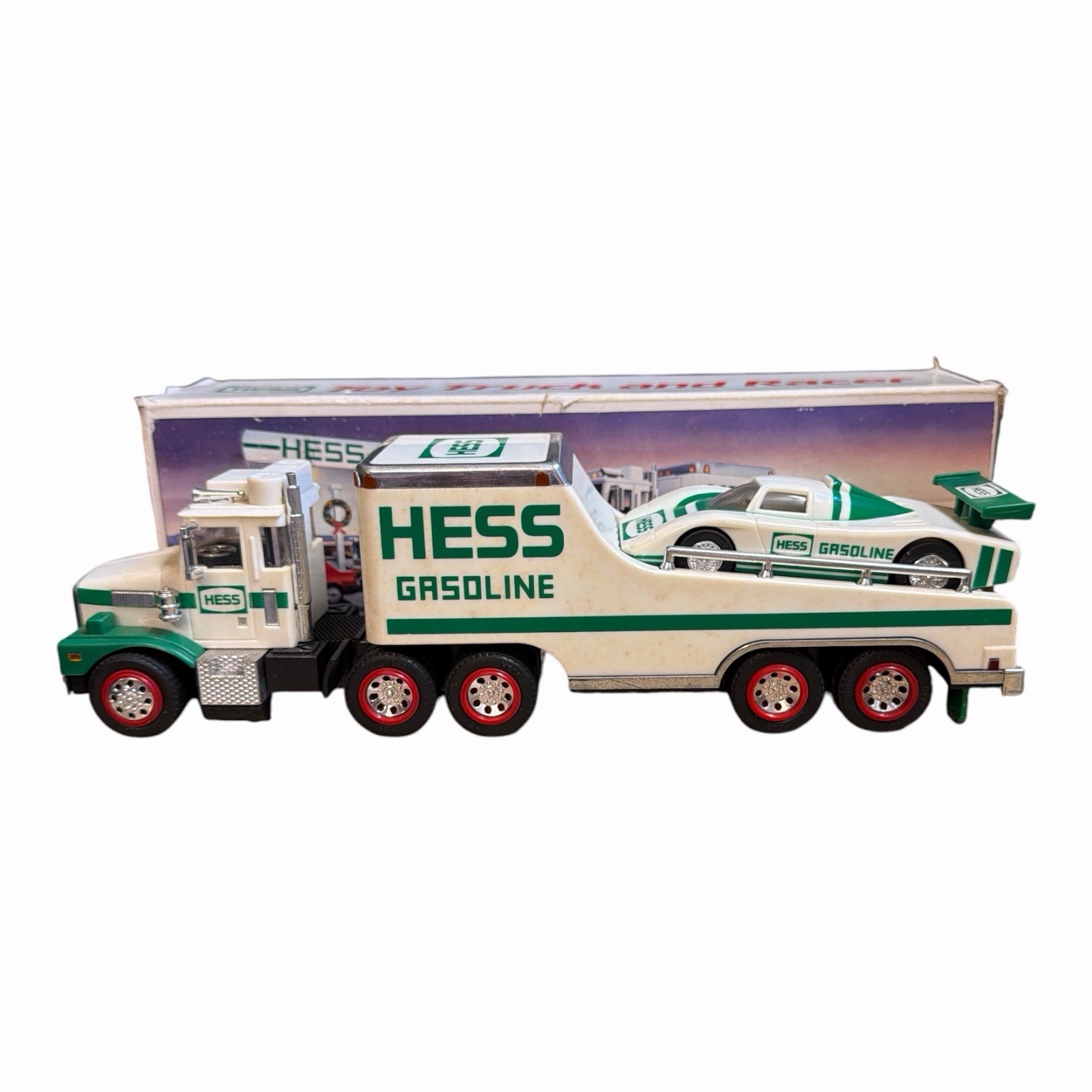 Vintage 1988 Hess Toy Truck and Insa Racer in original Packaging and Box Tested