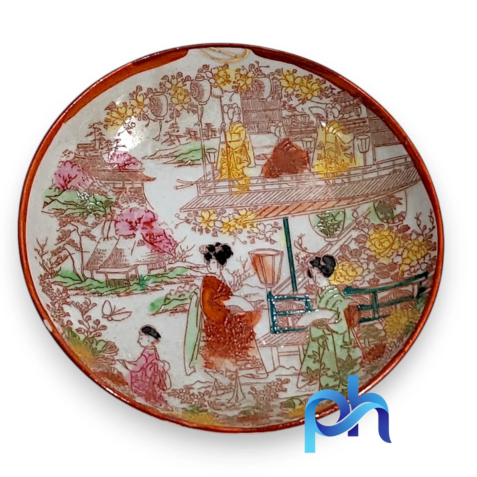 Antique Nippon Hand Painted Porcelain Dish Geisha Cherry Blossom Saucer 4.25 In Antique Nippon Hand Painted Porcelain Dish Geisha Cherry Blossom Saucer 4.25 In