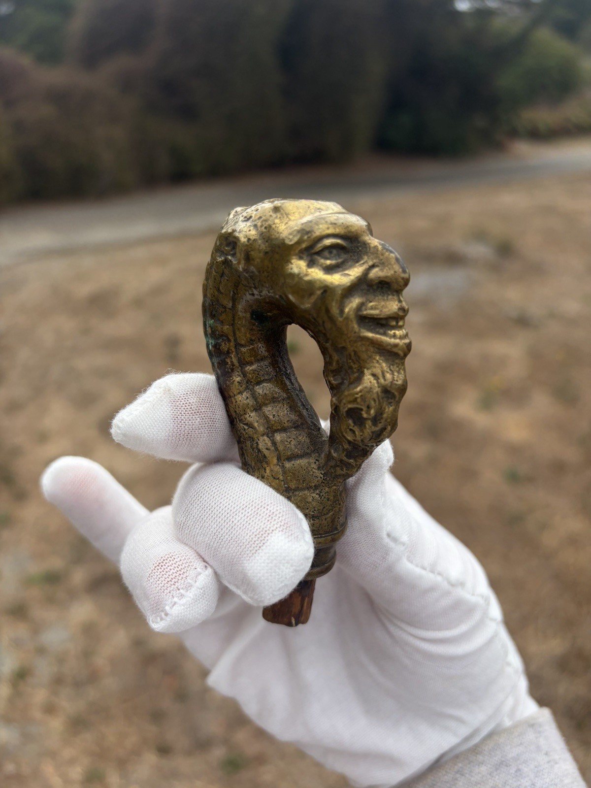 Creepy Antique Victorian 1800s - 1900 Cast Brass Serpent Figure Cane Top Topper