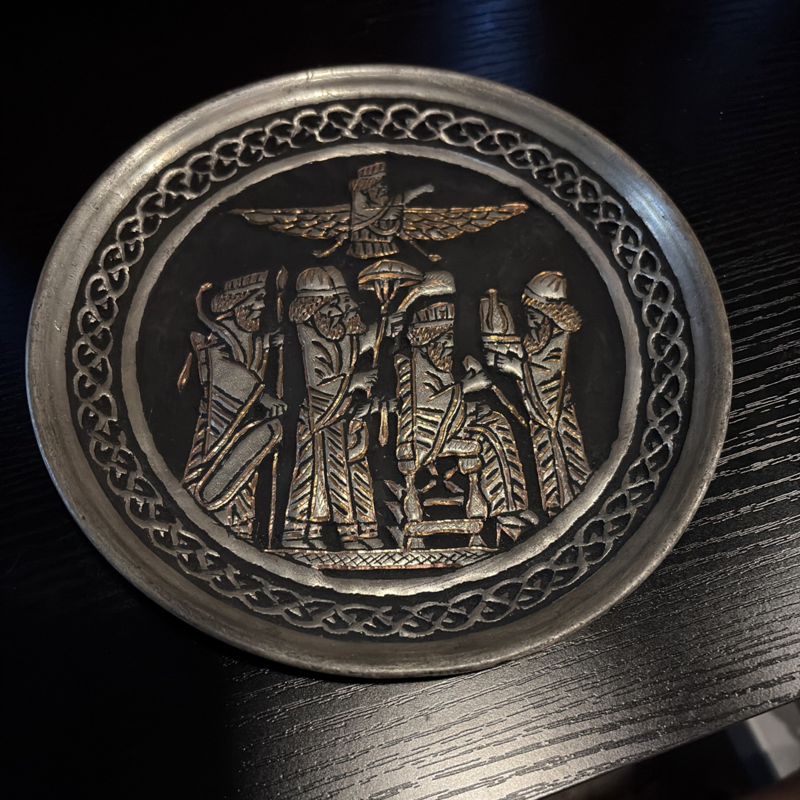 Vintage Persian Ghalamzani Hand Hammered Copper Persepolis King Darius 7 3/4”