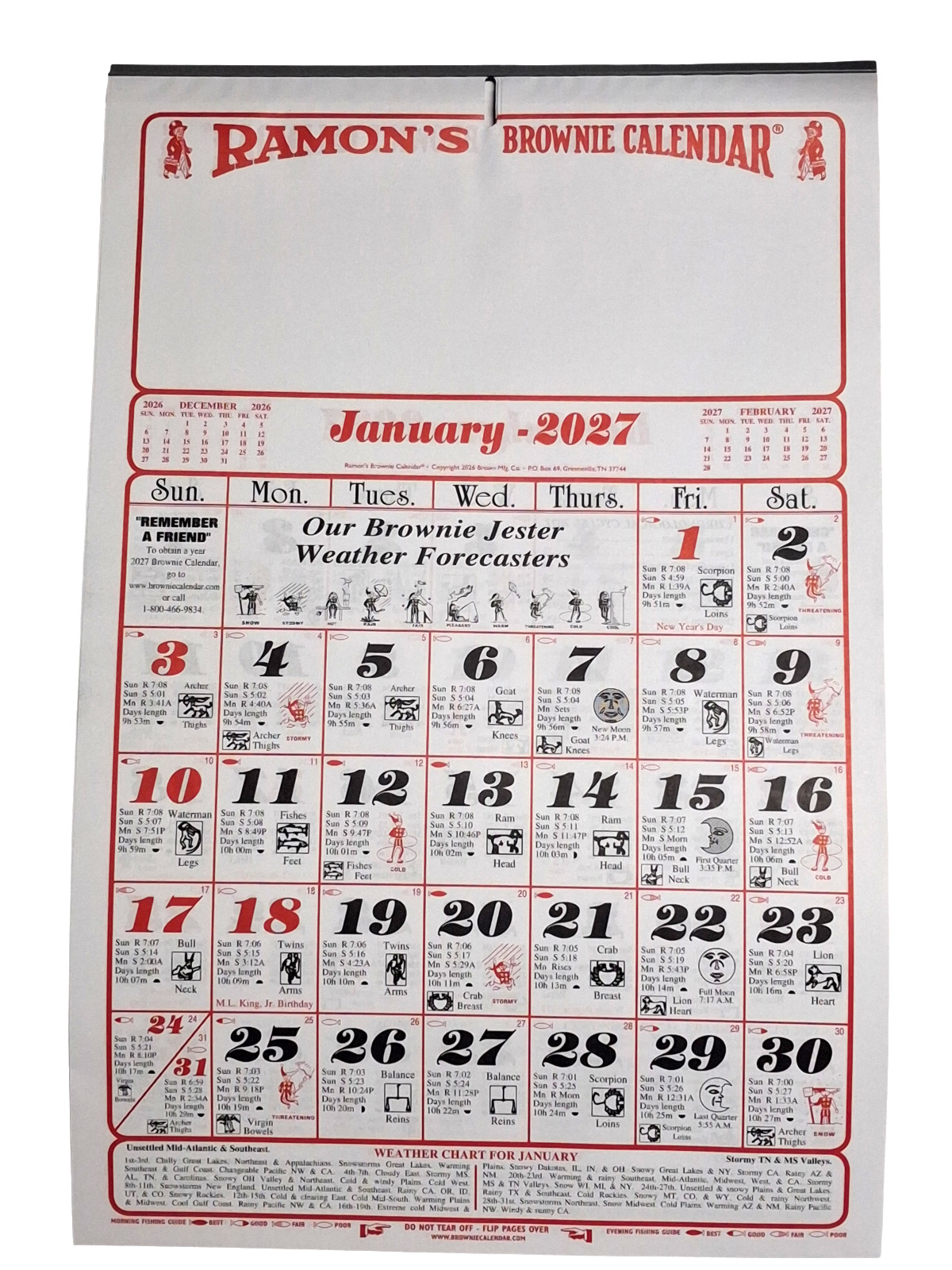 2027 Ramon's Brownie Calendar Original Old Fashioned Almanac Wall Calendar