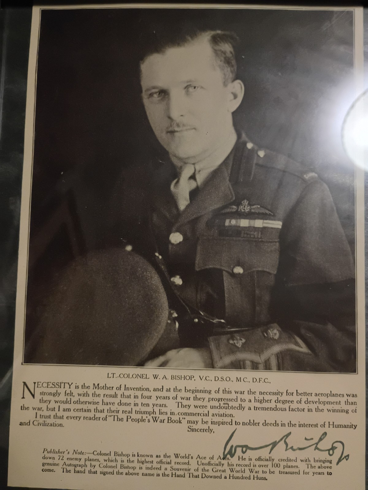 Signed book page of Air Marshall William A. Bishop, WWI Ace, d. 1956, PSA/DNA