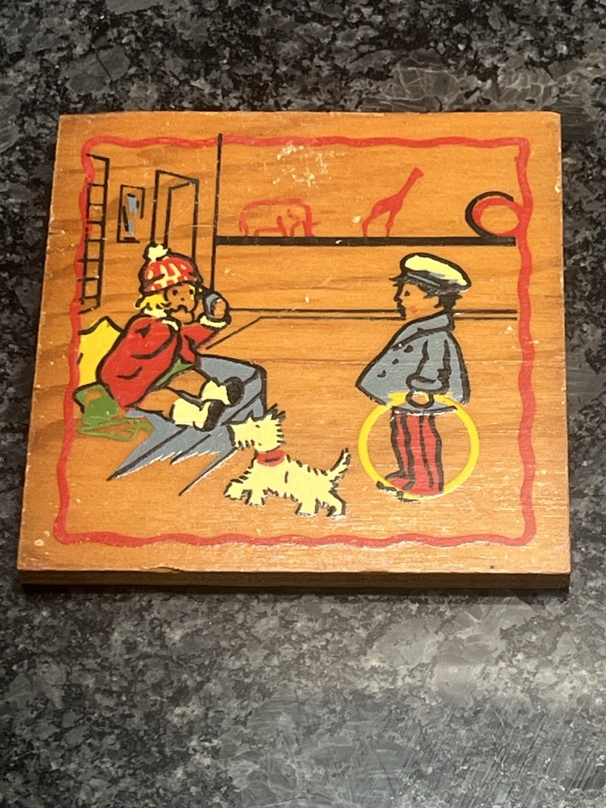Vintage 1940\'s Scotty Terrier Dog Plaque on wood board 4”x4”