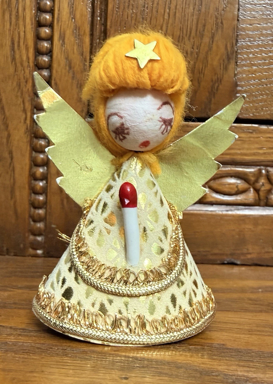 Vintage Japan 1950’s Angel Ornament Foil Wings Spun Cotton Head Kitschy 3”