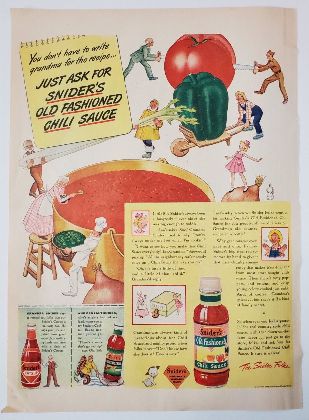 1944 Snider\'s Old Fashioned Chili Sauce Vintage WW2 Print Ad
