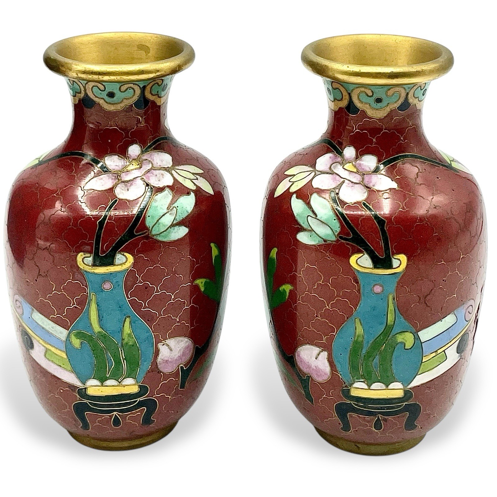 Vtg Pair Matching Brass Cloisonne MINI VASES Cinnamon Estate Collection ~ READ