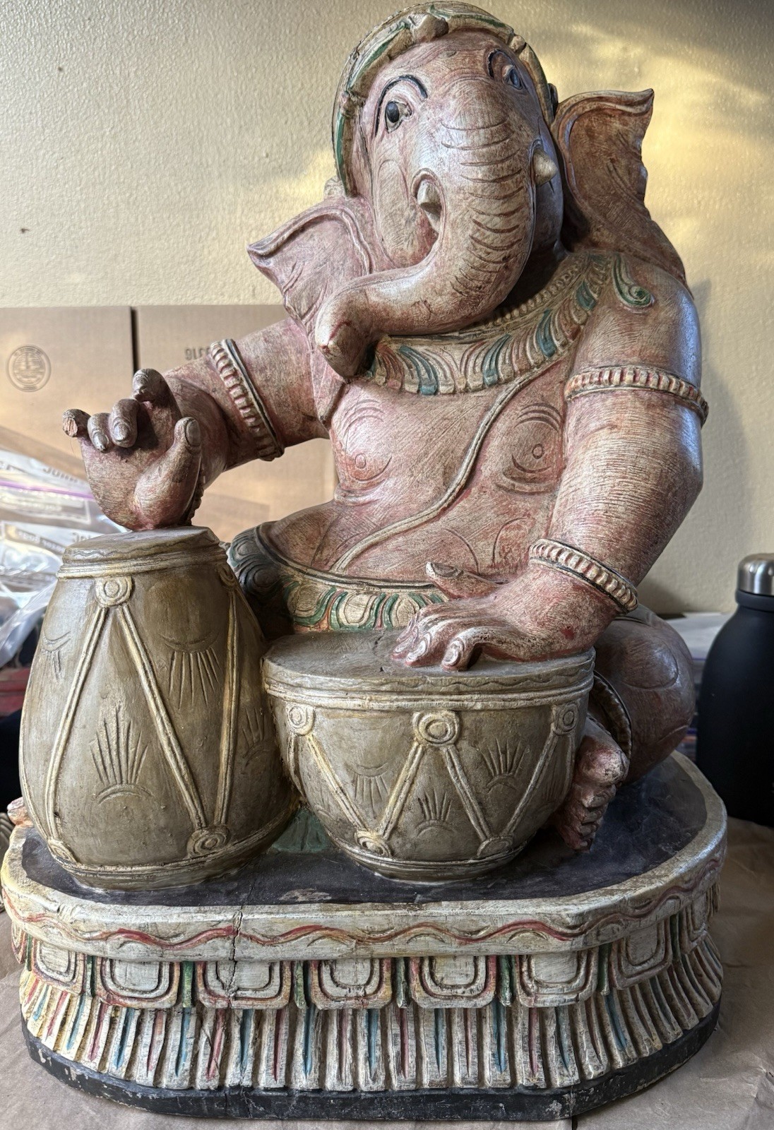 Vintage Lord Ganesha Hindu Deity God Master Drummer Large Wood Carved Statue 23” Vintage Lord Ganesha Hindu Deity God Master Drummer Large Wood Carved Statue 23”
