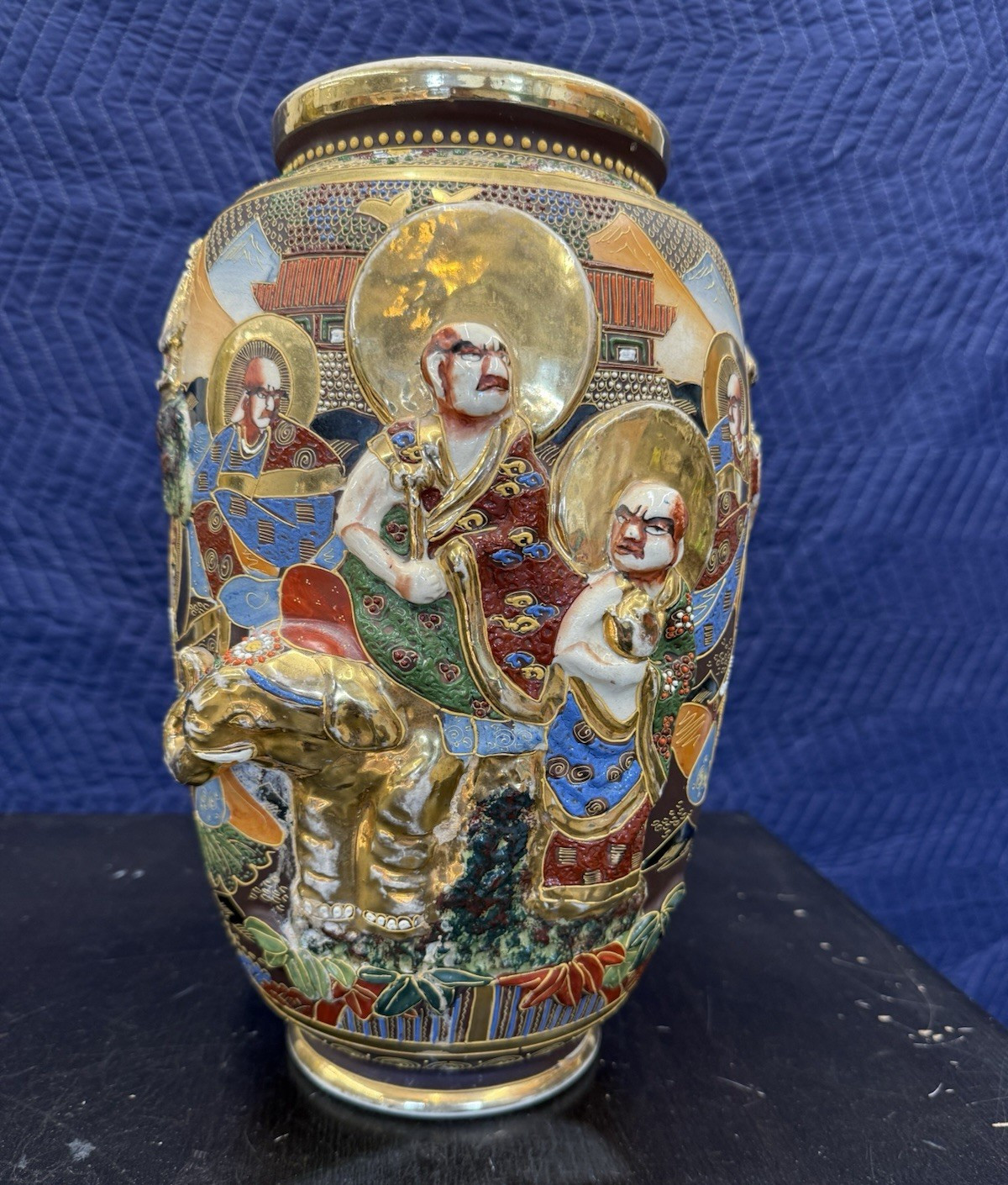 Japanese Satsuma Style Moriage Figural Vase with Raised Scene 17” Tall