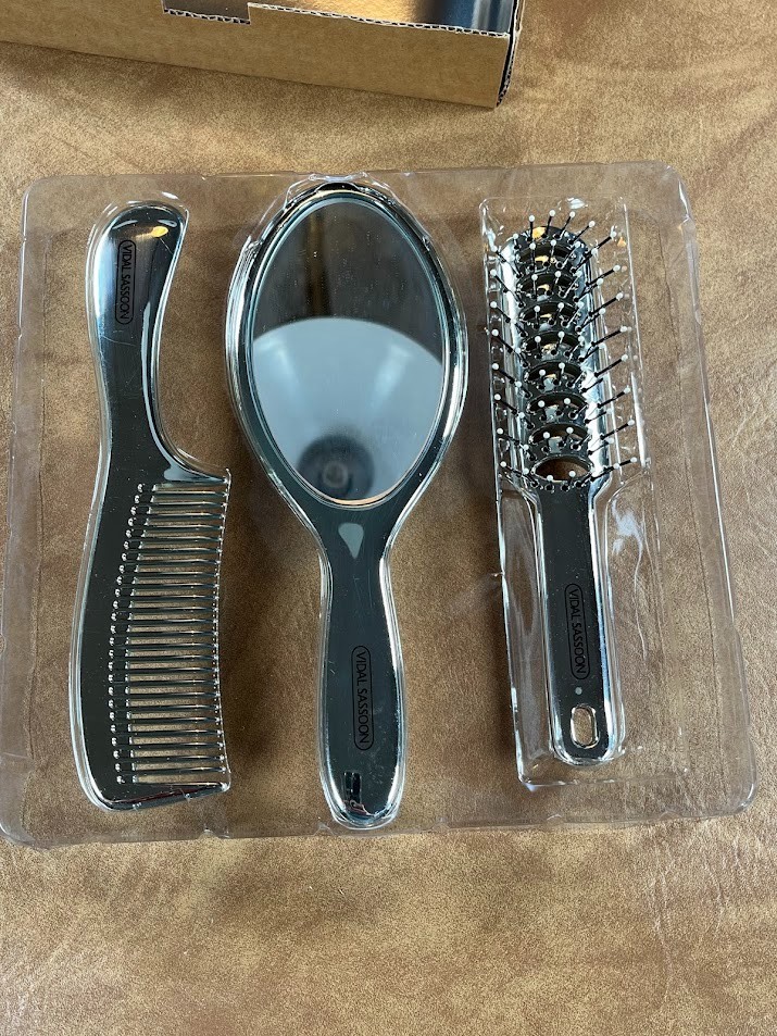 VTG 90's Vidal Sassoon Metallic Plastic 3 Piece Vanity Set Brush Comb Mirror