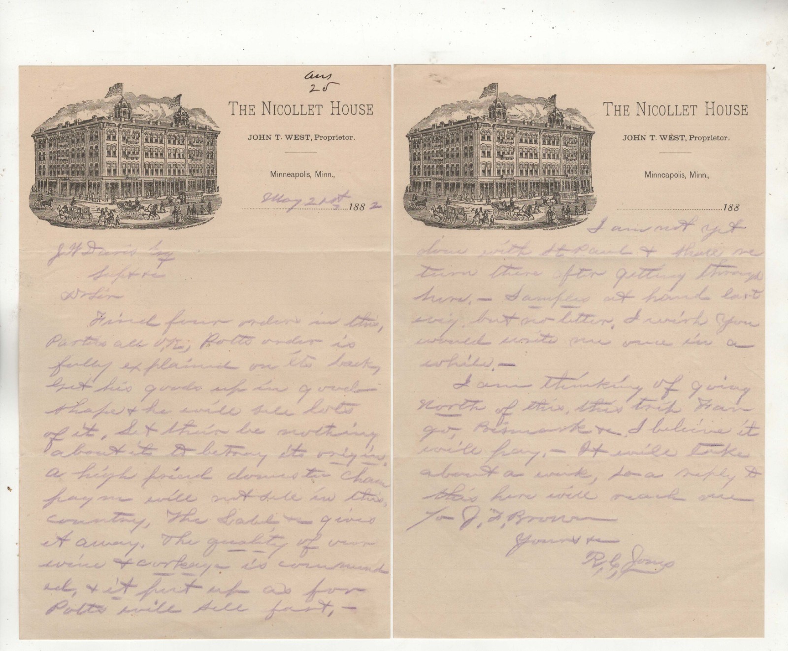 1882 The Nicollet House, Minneapolis, MN Illustrated Letterheads With Content 1882 The Nicollet House, Minneapolis, MN Illustrated Letterheads With Content