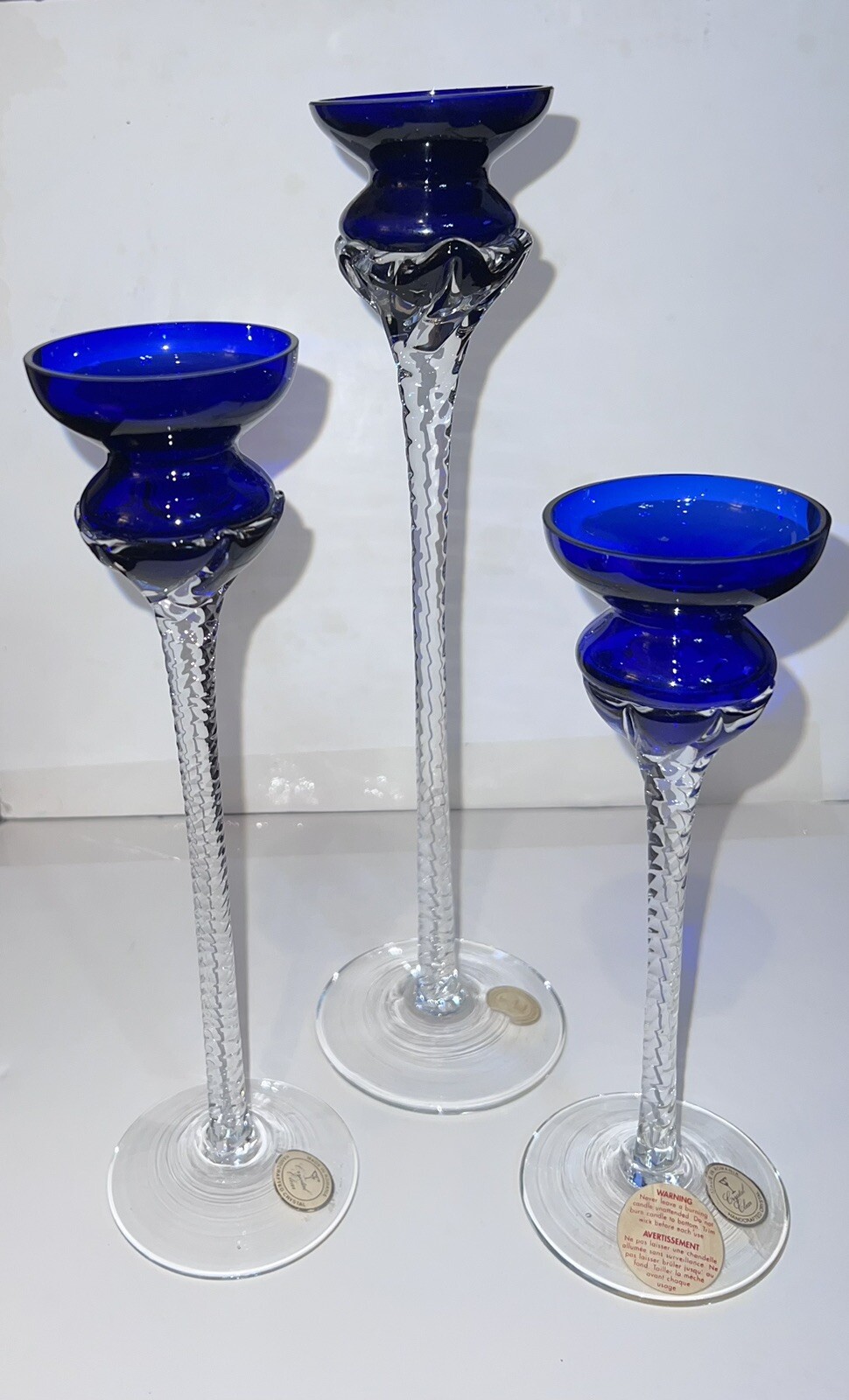 Crytal Clear Candle Holders Cobalt Blue Twisted Stem Irene Hand Blown Romania~3