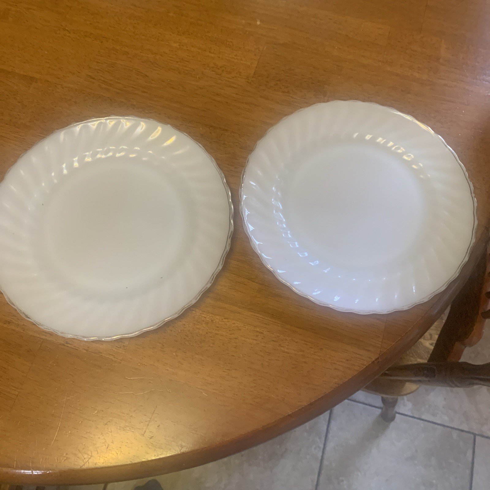 2 Anchor Hocking White Fire King Gold Rim Swirl Milk Glass 10