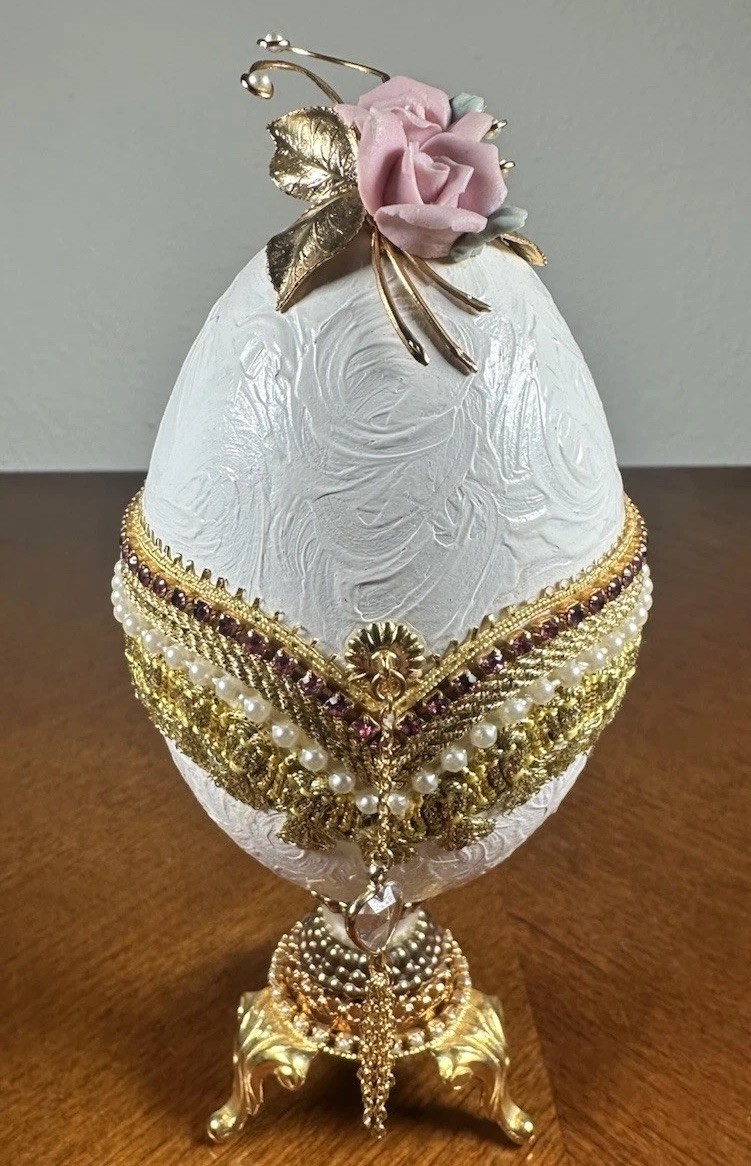 Vintage Fabergé Style Jeweled Goose Egg Art Jewelry Box Pink Roses Signed \'94
