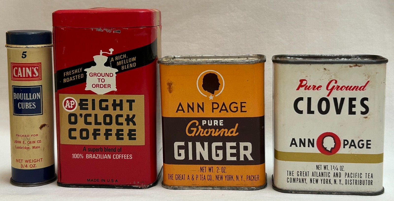 4 Vintage Tins Cain's Cubes, Eight O'Clock Coffee Bank, Ann Page Ginger & Cloves 4 Vintage Tins Cain's Cubes, Eight O'Clock Coffee Bank, Ann Page Ginger & Cloves