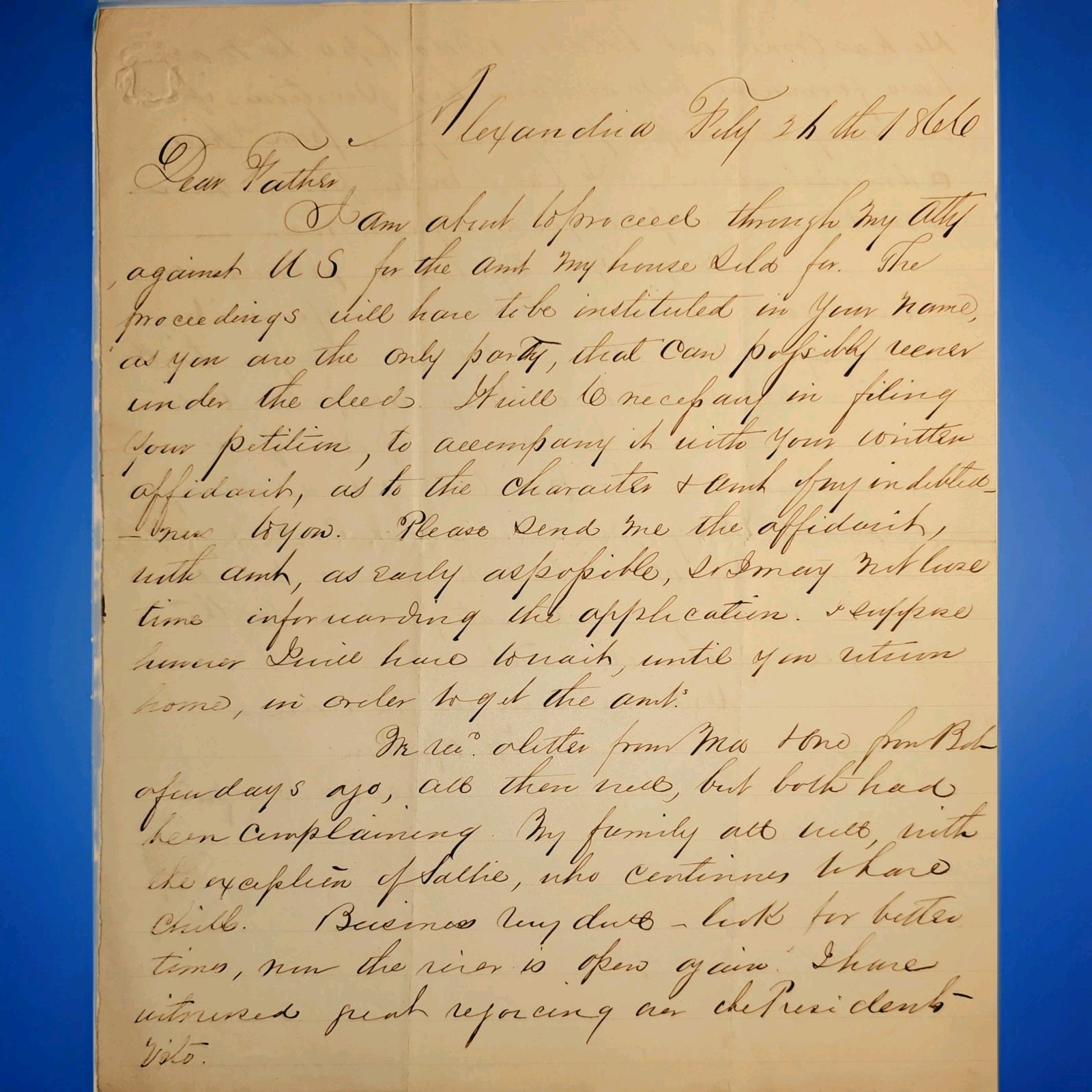 1866 George A. Washington ALS Alexandria VA Andrew Johnson Veto Civil War Claim
