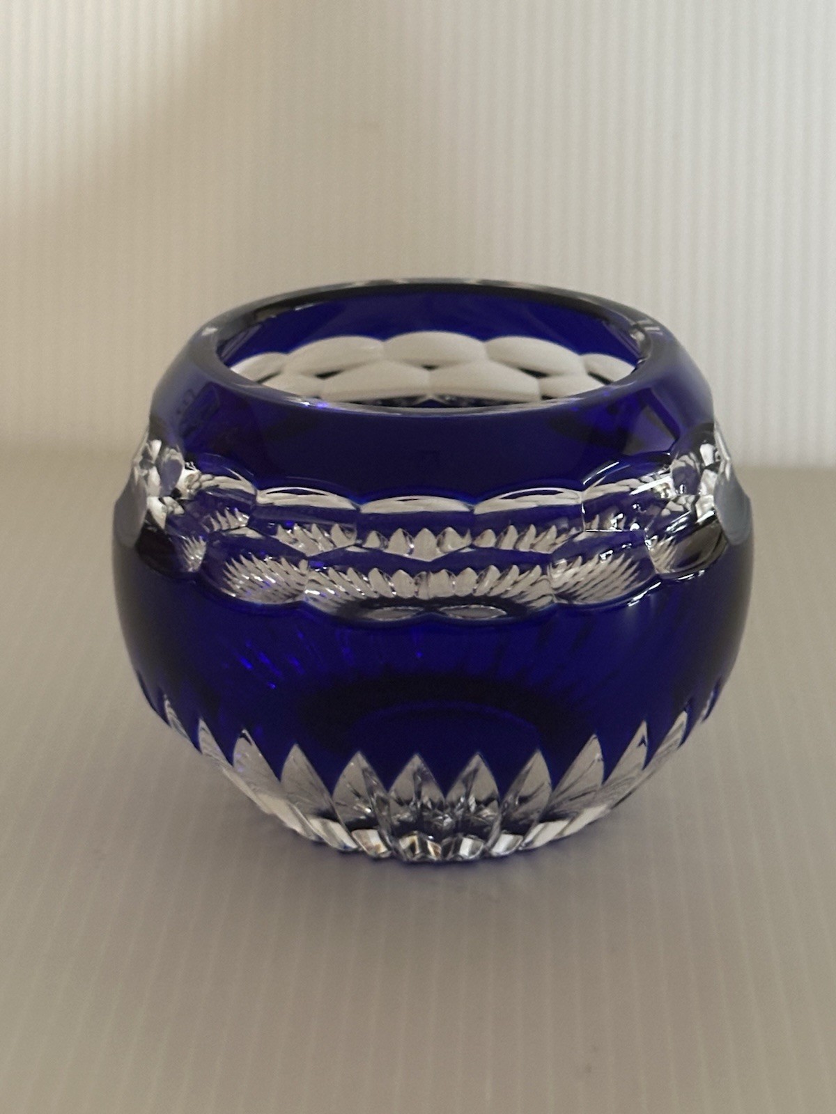 FABERGE “NADYA” CUT TO CLEAR COBALT BLUE CRYSTAL VOTIVE CANDLE HOLDER
