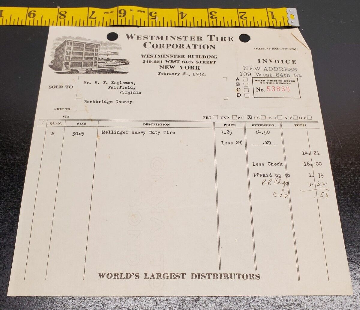 February 4 1932 Westminster Tire Corporation Invoice - New York