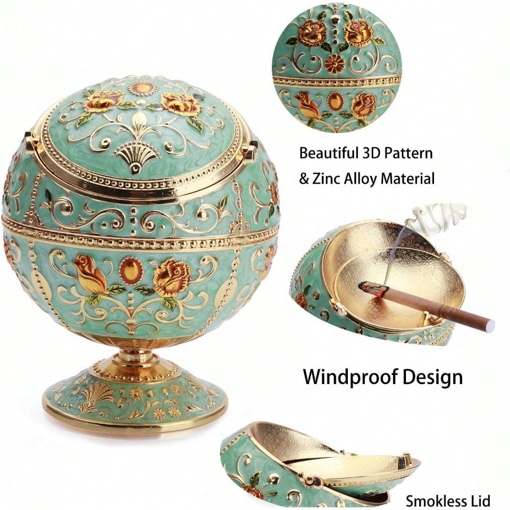 Vintage Globe Ashtray with Lid Windproof Metal Cigarette Ash Tray Jade Green