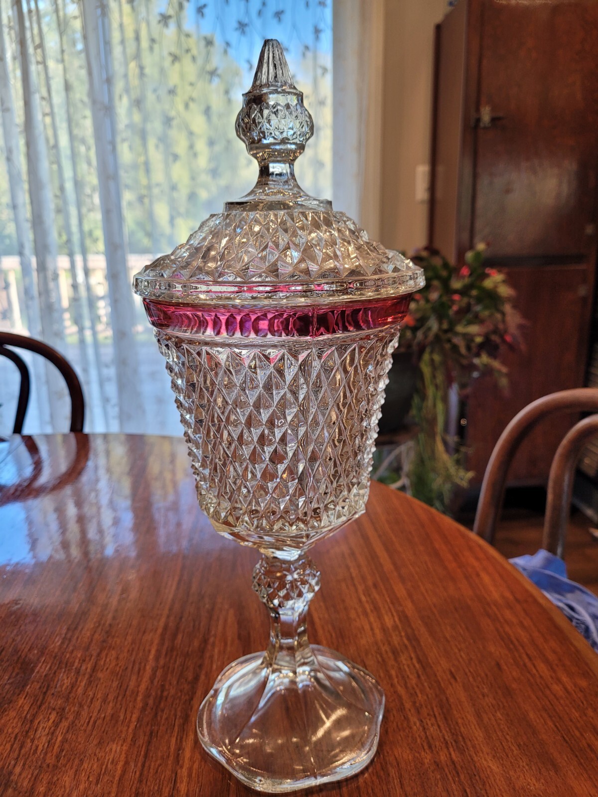 Vintage Indiana Glass Ruby Red Diamond Point Pedestal Covered Compote 