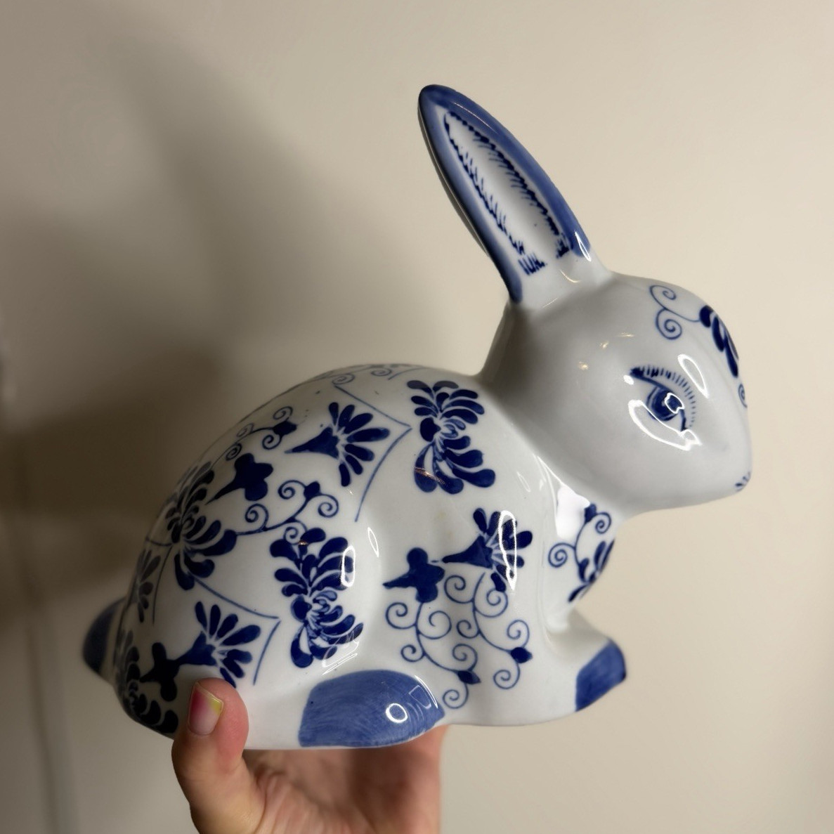 Blue & White Ceramic Rabbit Figurine Floral Pattern