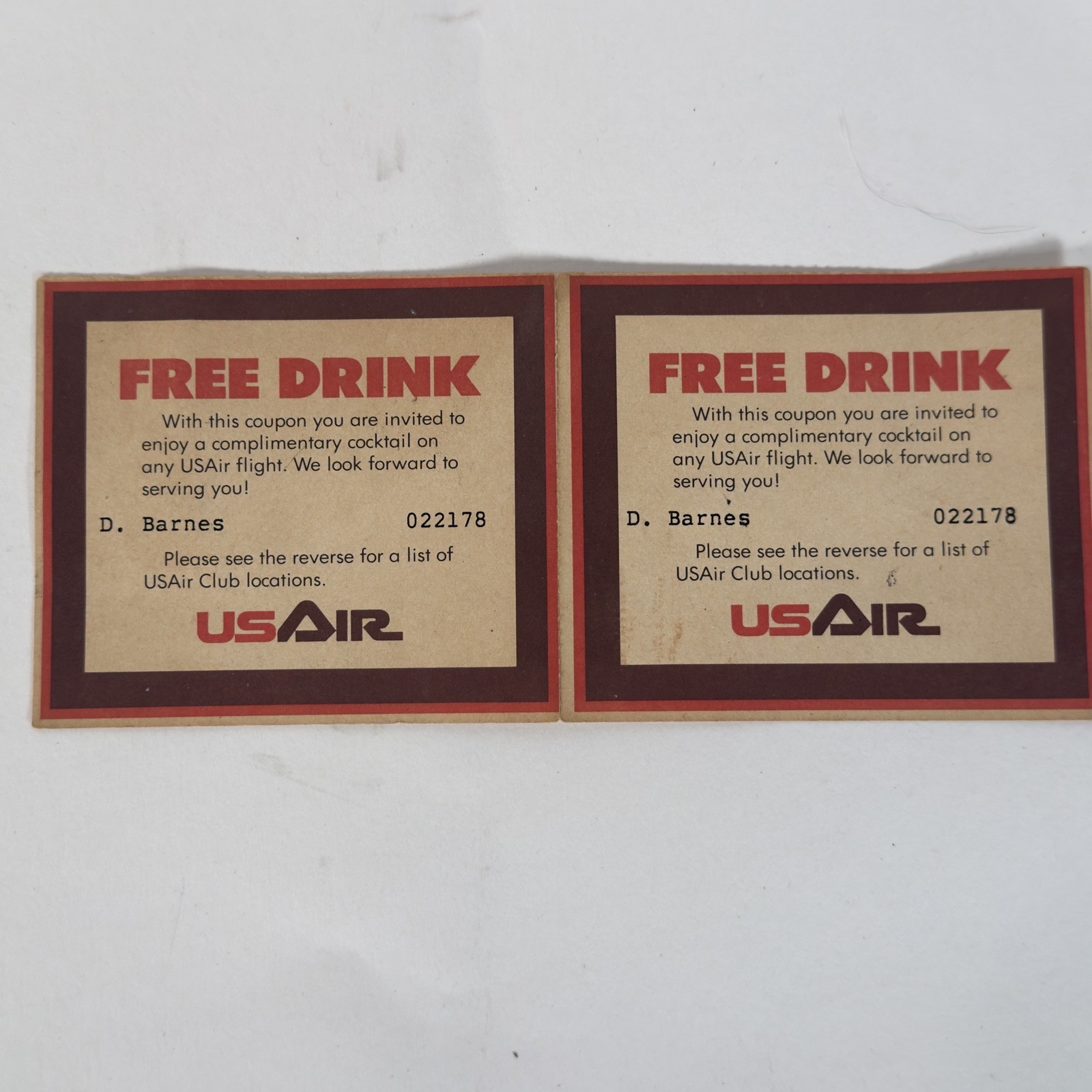 Vintage USAir Free Drink Cocktail Coupons Pair Airline Aviation Memorabilia