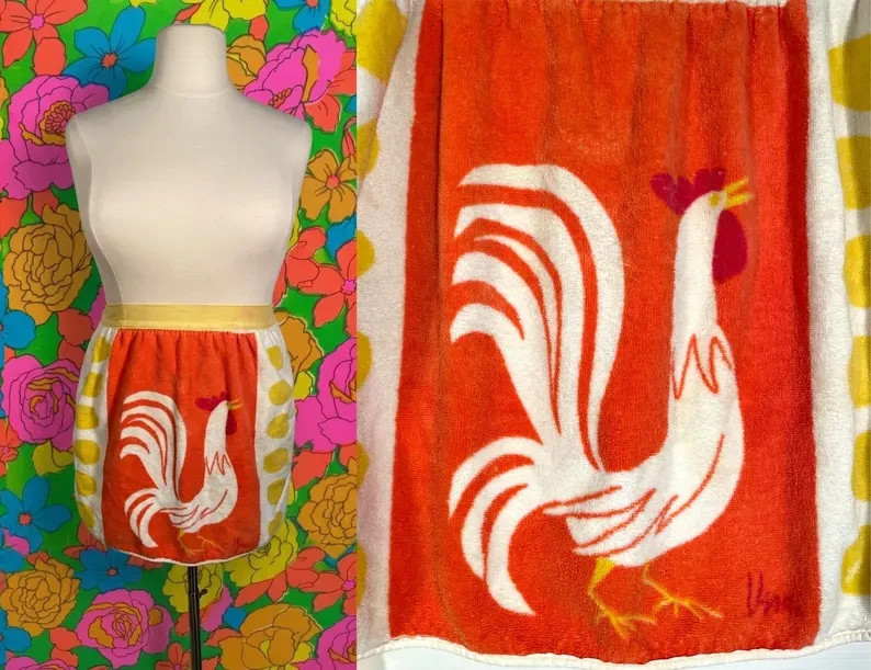 Vintage Vera Neumann Chicken Rooster Terry Cloth Half Apron Vintage Vera Neumann Chicken Rooster Terry Cloth Half Apron