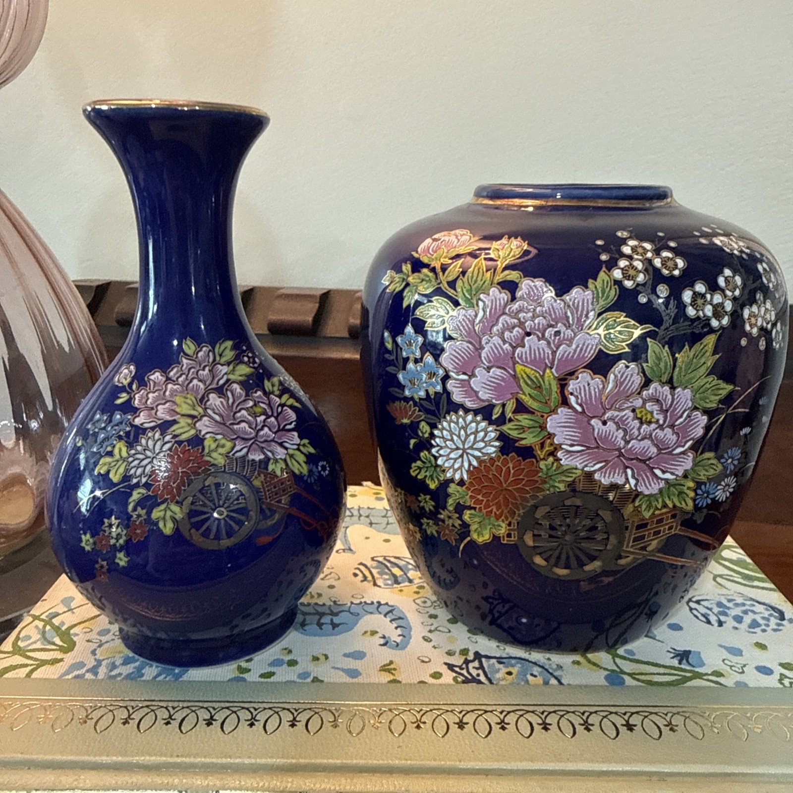 Vintage Kutani Miniature Cobalt Blue Floral Japanese Bud Vases Set of 2