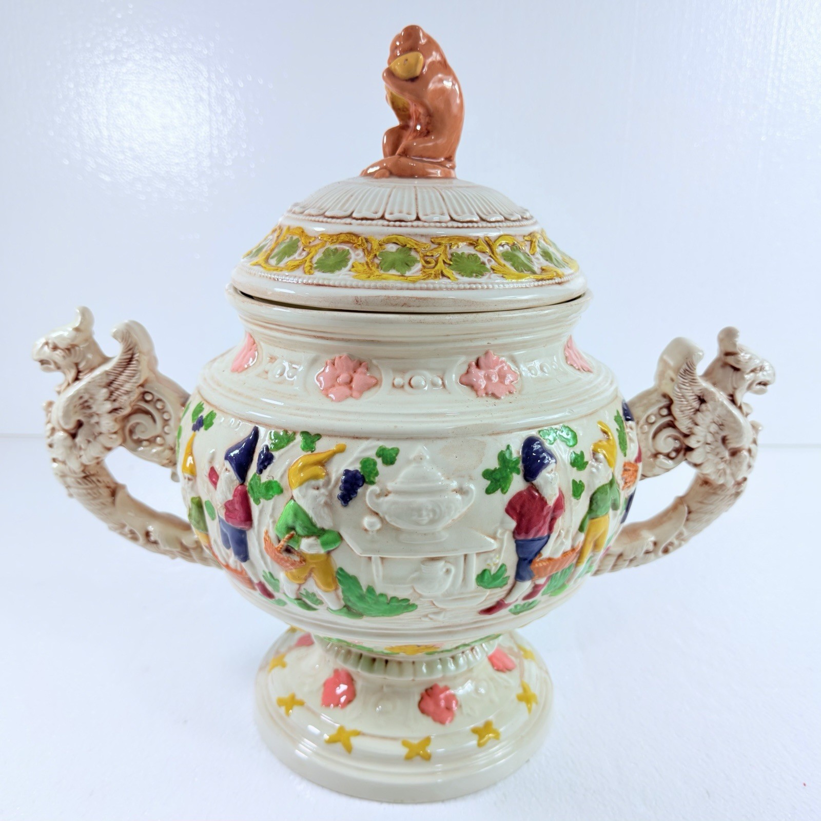 Hand Painted Ceramic Soup Tureen - Punch Bowl - Cookie Jar W/ Dragons & Gnomes 