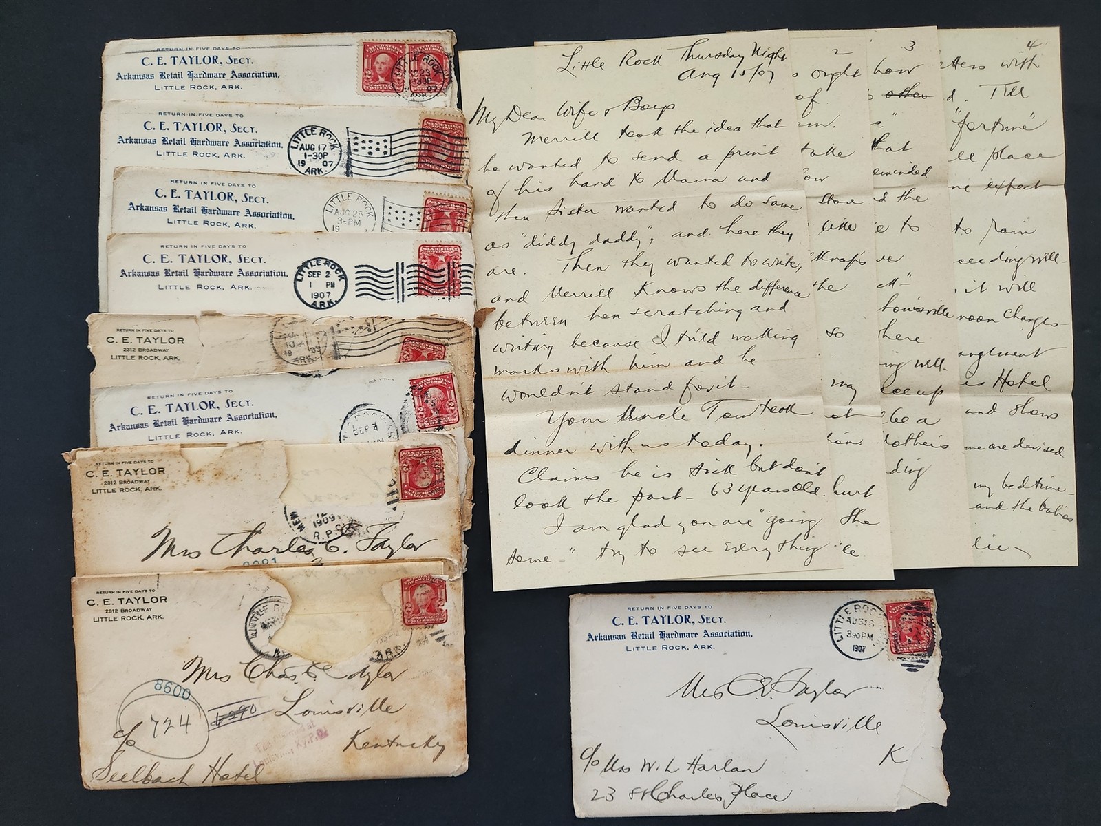 1907-9 antique LETTER LOT little rock ar C E TAYLOR mayor FAMILY louisville ky