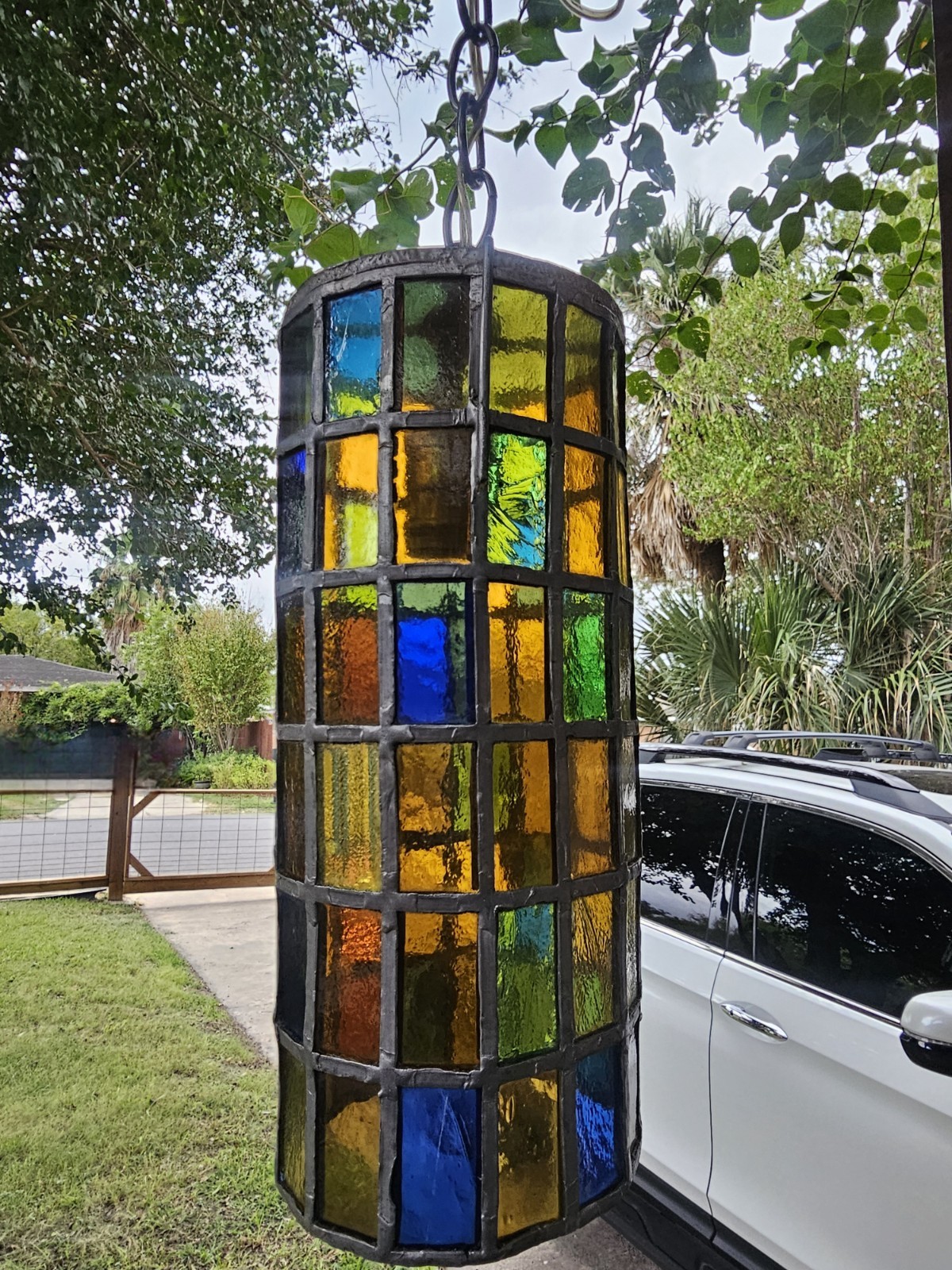 Vintage Felipe Derflingher Brutalist Stained Glass Cylinder Pendant Hanging Lamp