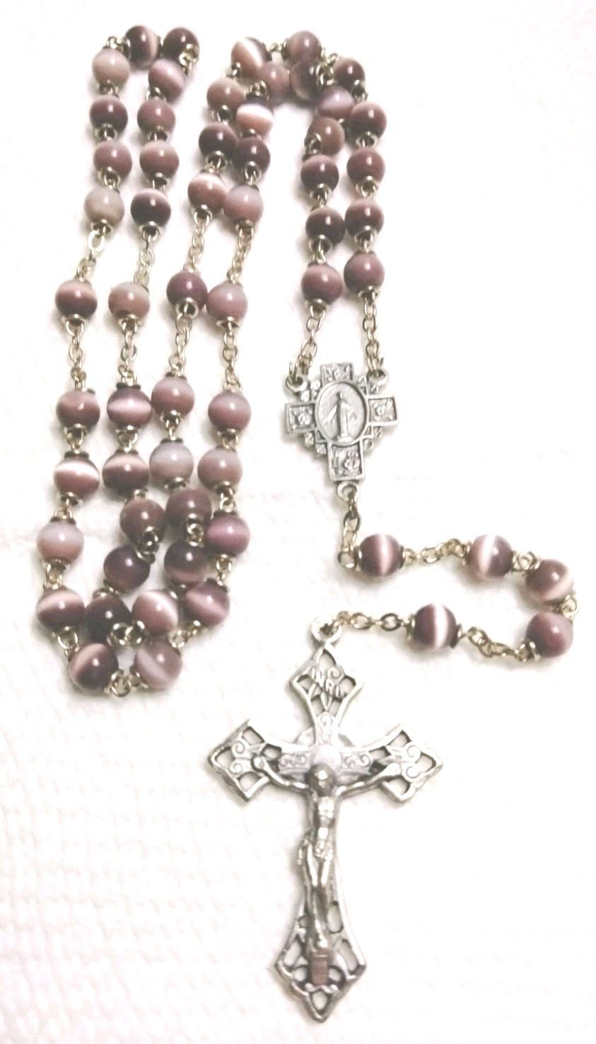 Vintage Four Way Cross Purple Cat's Eye Rosary 4 Way Saint Center 