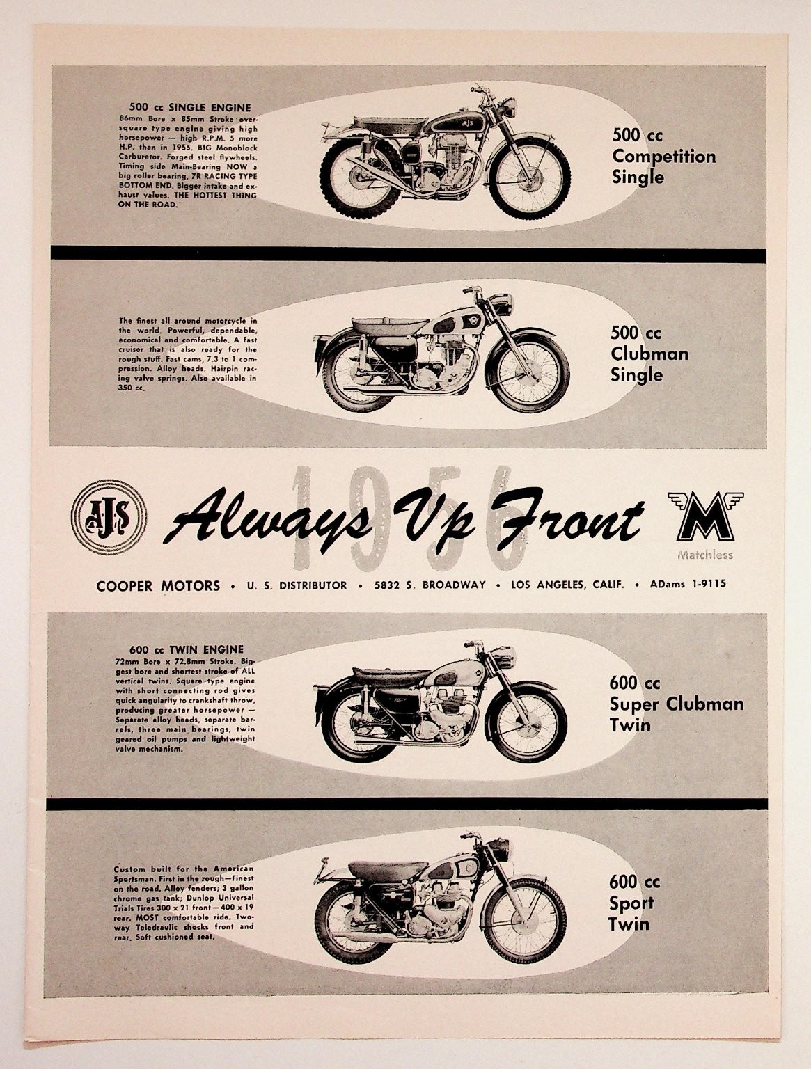 AJS Matchless Motorcycles Vintage Ad Print Los Angeles Cooper Motors AJS Matchless Motorcycles Vintage Ad Print Los Angeles Cooper Motors