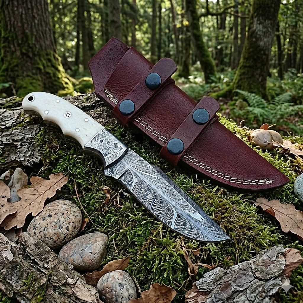 Handmade Feather Damascus Hunting Knife Full Tang Fixed Blade Bone Handle Handmade Feather Damascus Hunting Knife Full Tang Fixed Blade Bone Handle
