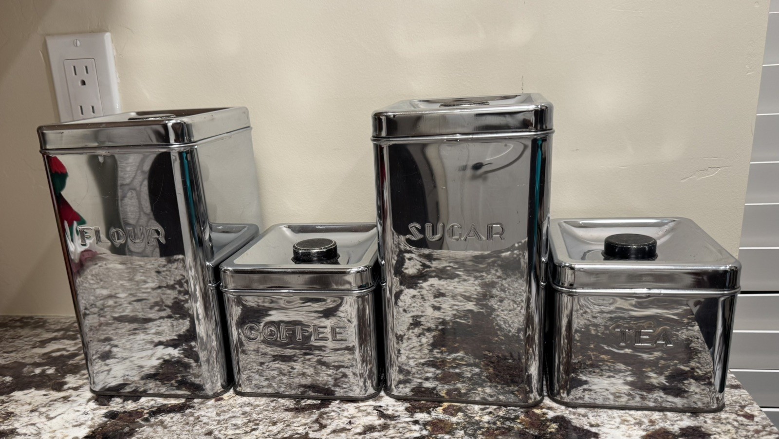 MCM Vintage Chrome Canister Set 4pc Flour Sugar Coffee Tea Garnerware USA Decor