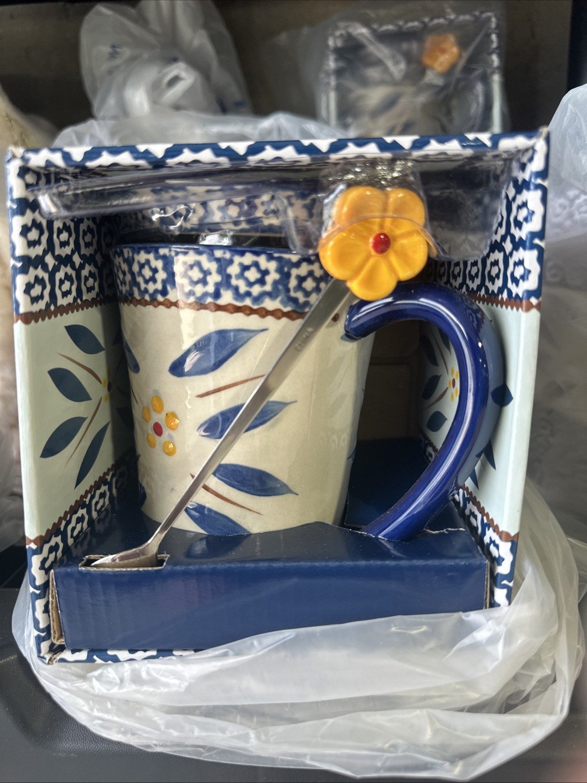 Temp-Tations by Tara Old World Blue Coffee Tea Mug 14 oz. +  Coaster Lid Spoon