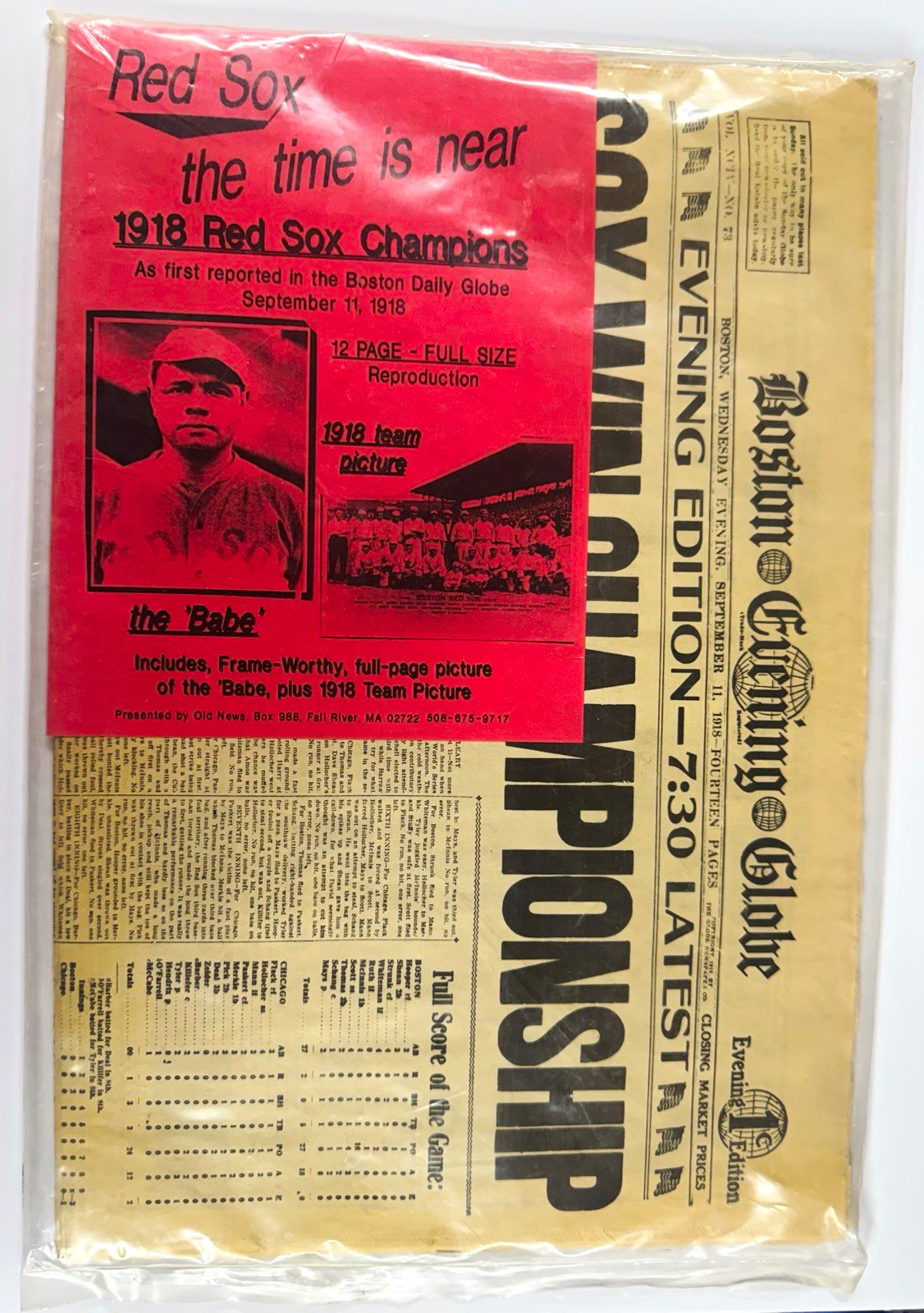 1918 Red Sox Baseball World Champions Newspaper REPRINT Sealed Babe Ruth Feature