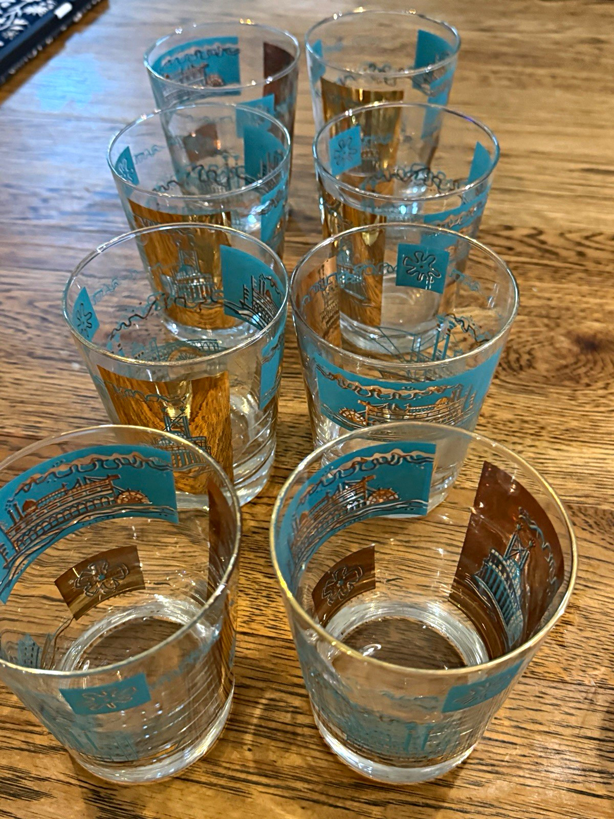 Libbey MCM Set of 8 Drinking Glasses Blue & Gold Decor Steamboat Pattern Round