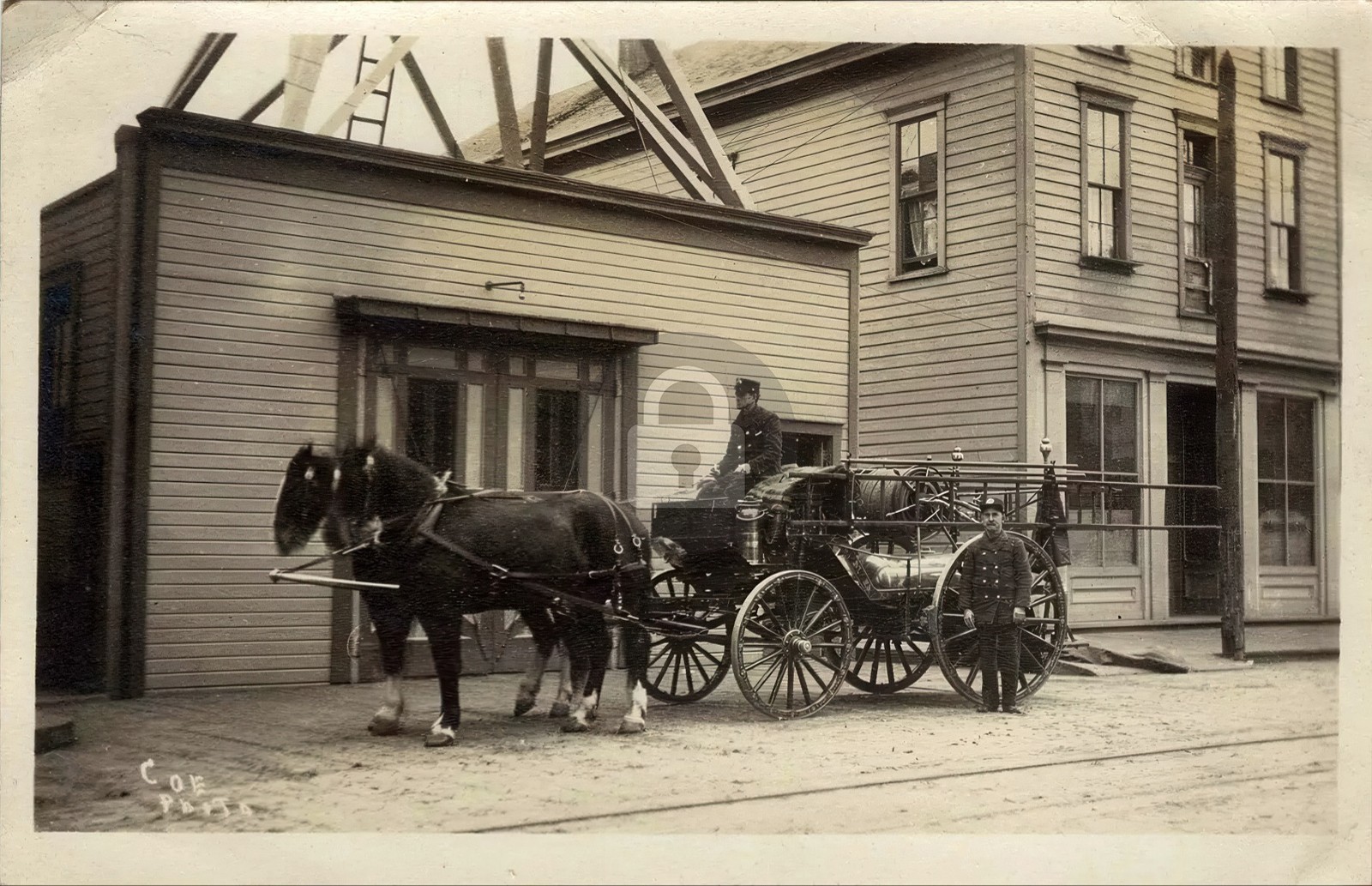 Horse Drawn Fire Wagon Pumper Firefighters RPPC Photo Postcard COPY