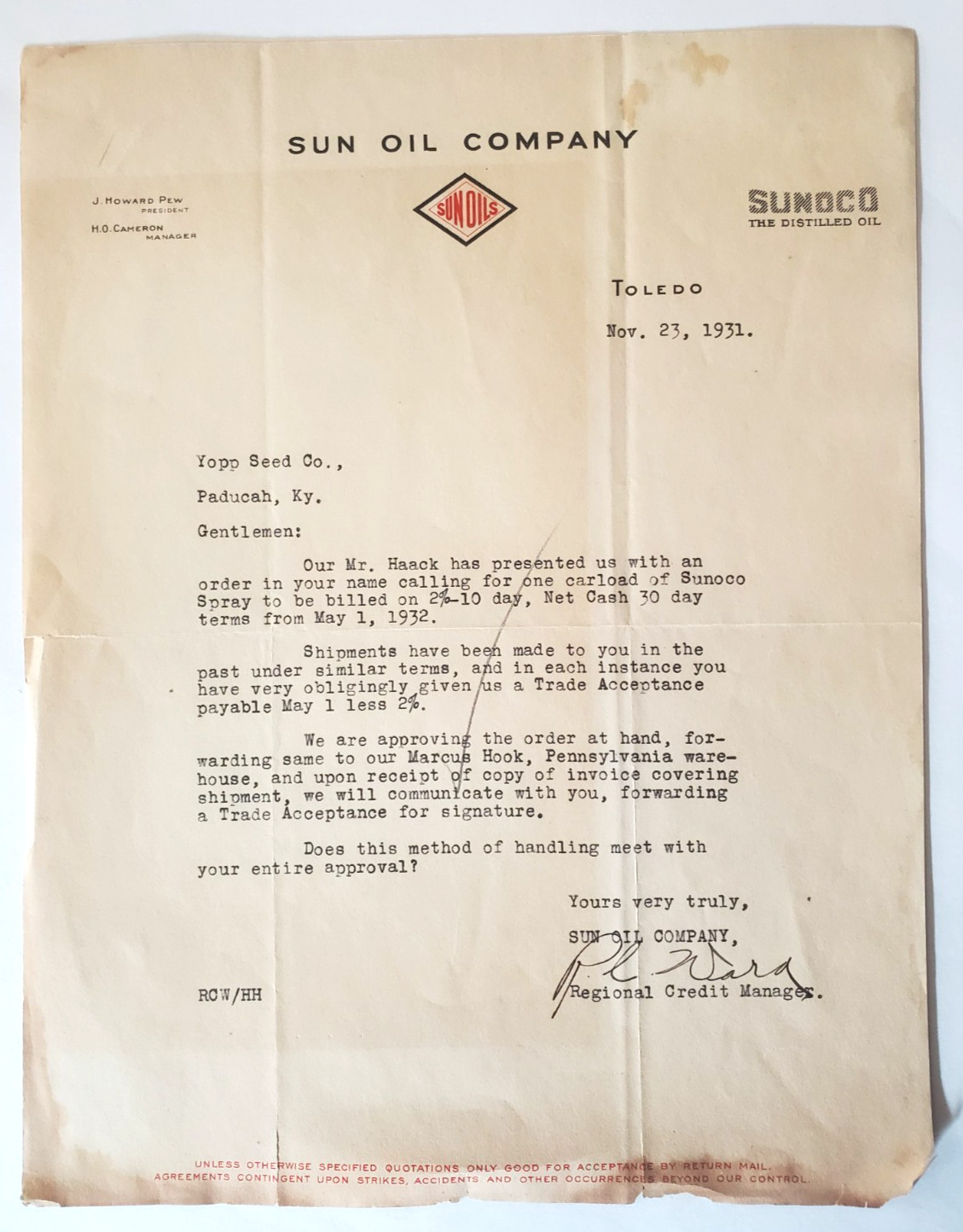 1931 Letter, Sun Oil Company, Sunoco, Toledo, Ohio, TO: Yopp Seed, Paducah KY