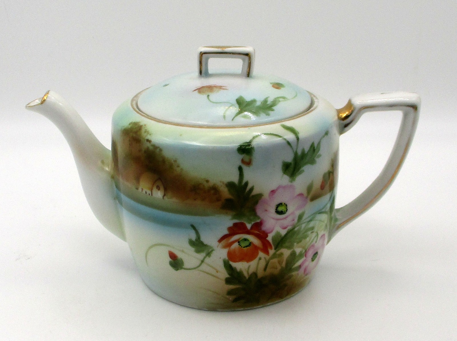 Antique Nippon Hand Painted Porcelain Teapot - Rising Sun Mark - Cottage Scene