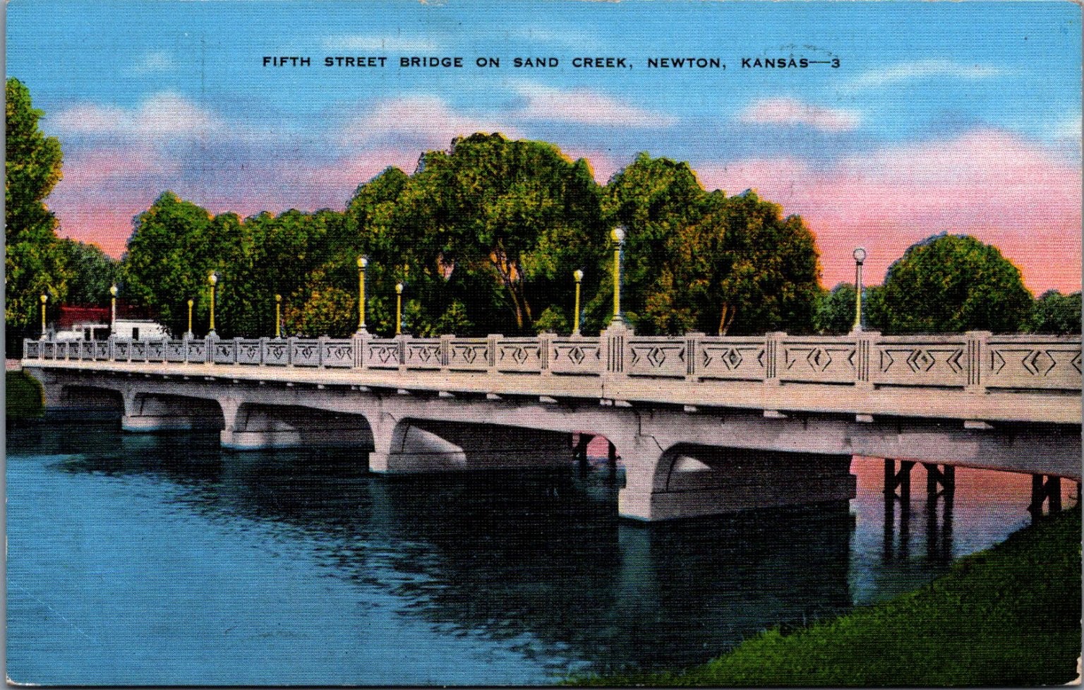 1942 Newton Kansas Fifth Street Bridge Sand Creek Linen Postcard R.M.S.