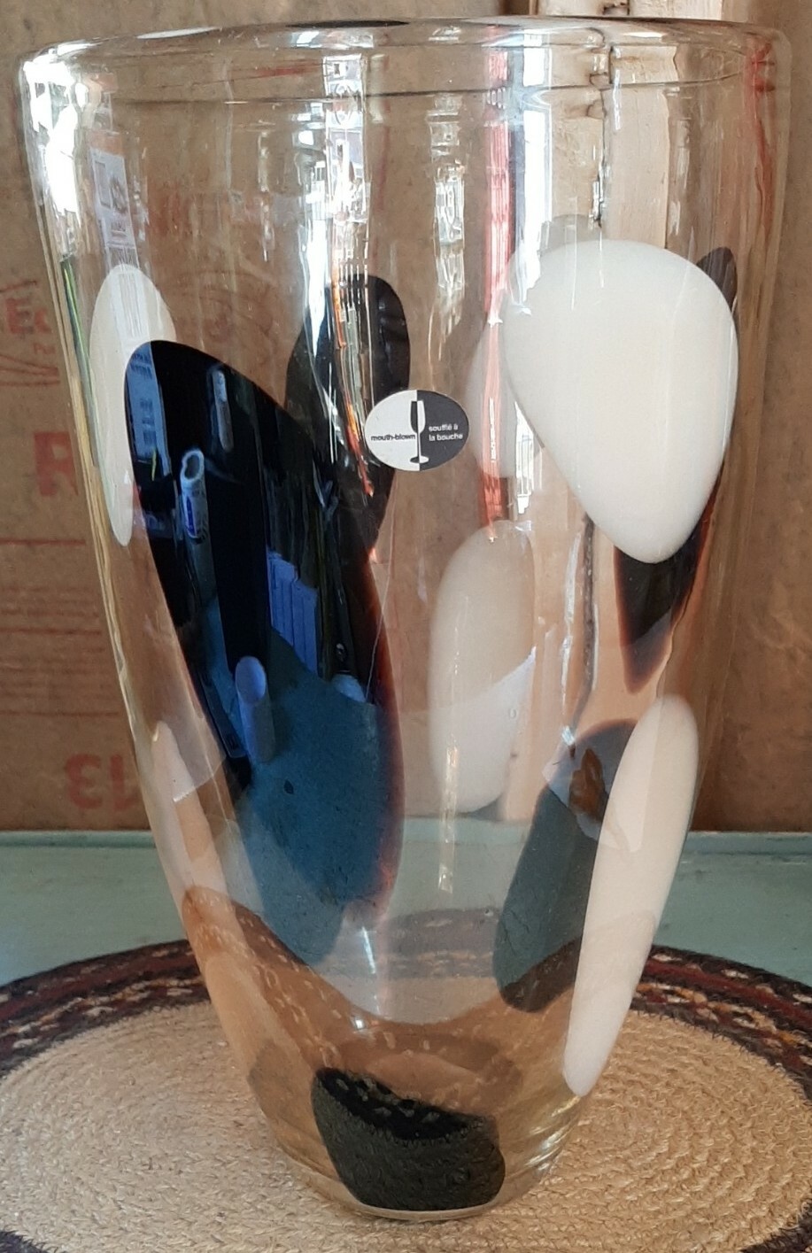 France SOUFFLE A LA BOUCHE MOUTH BLOWN Large Clear w White & Brown Abstract VASE