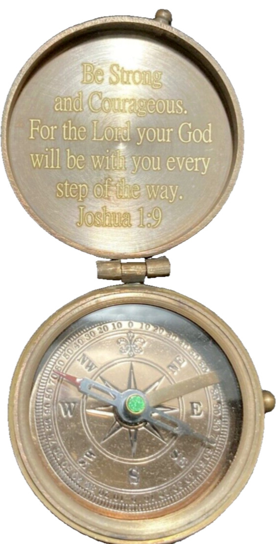 Joshua 1:9 Brass Directional Compass with Leather Carry Case Patinaed Brass