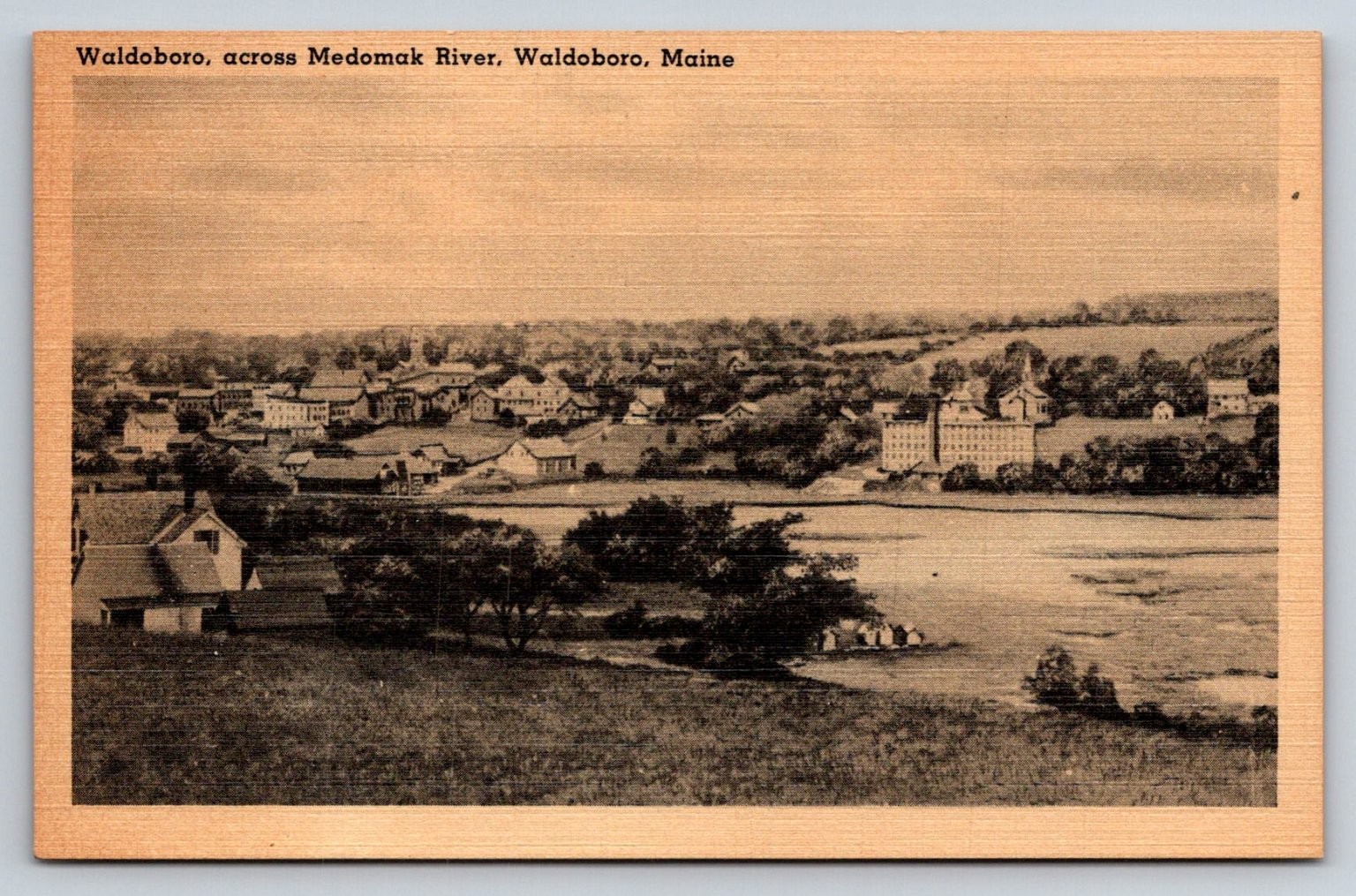 Waldoboro ME Medomak River View Linen Postcard Tichnor Button Factory
