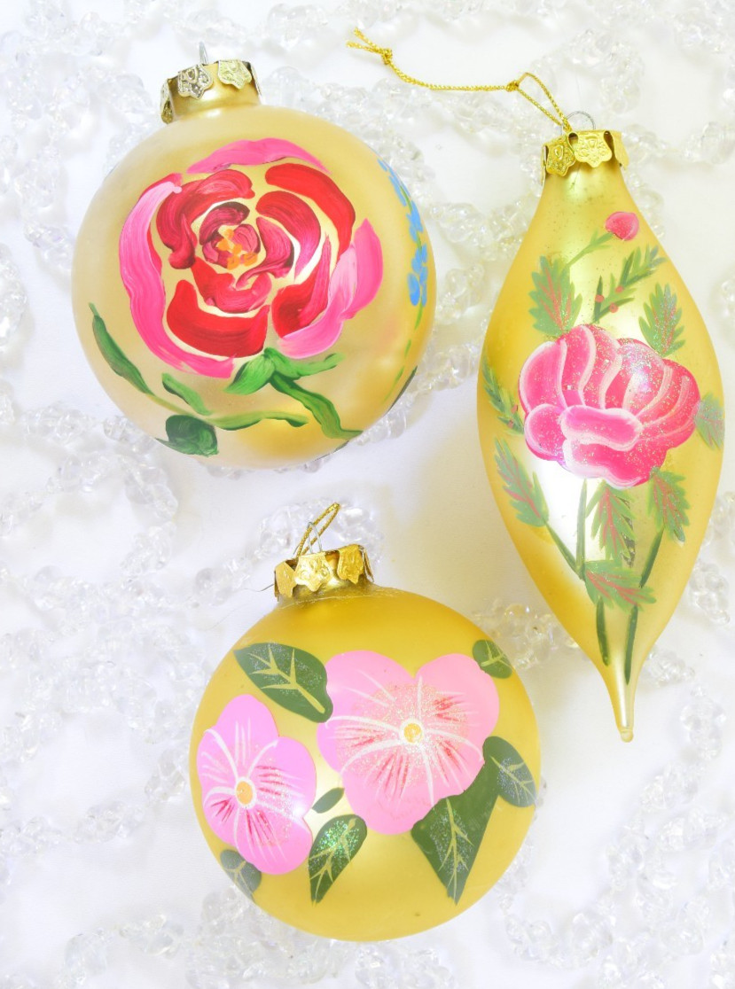 Large Lovely Hand-painted Flowers Glass Christmas Ornaments