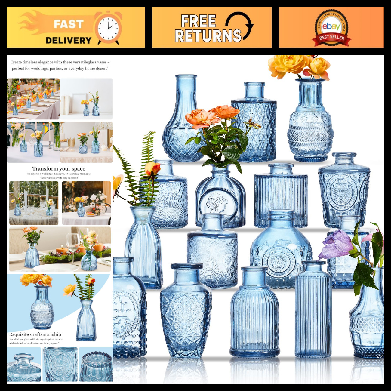 Set of 16 Mini Blue Glass Bud Vases - Vintage Crystal Flower Centerpieces for Ho
