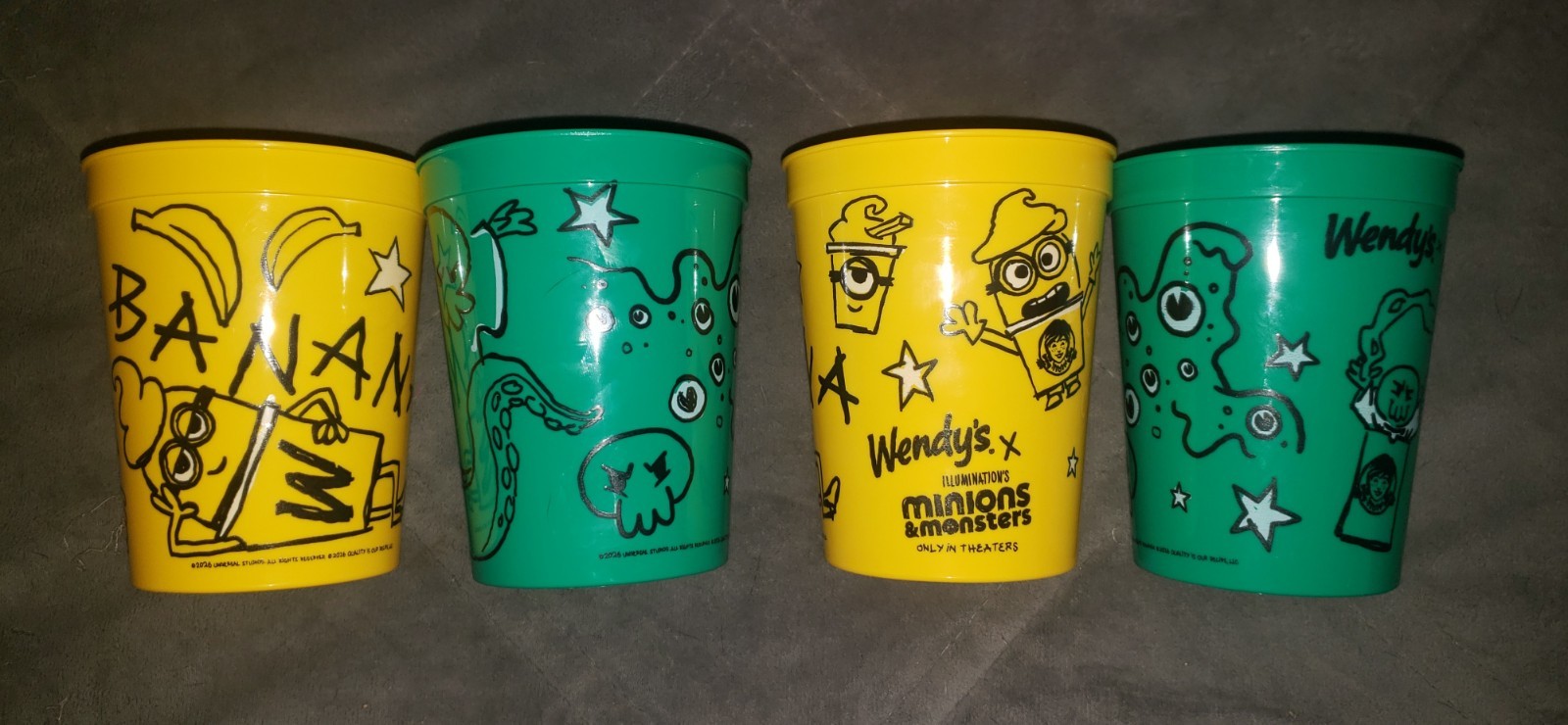 4 - New Limited Edition Rare Wendy\'s x Minions Promotional Yellow & Green Cups