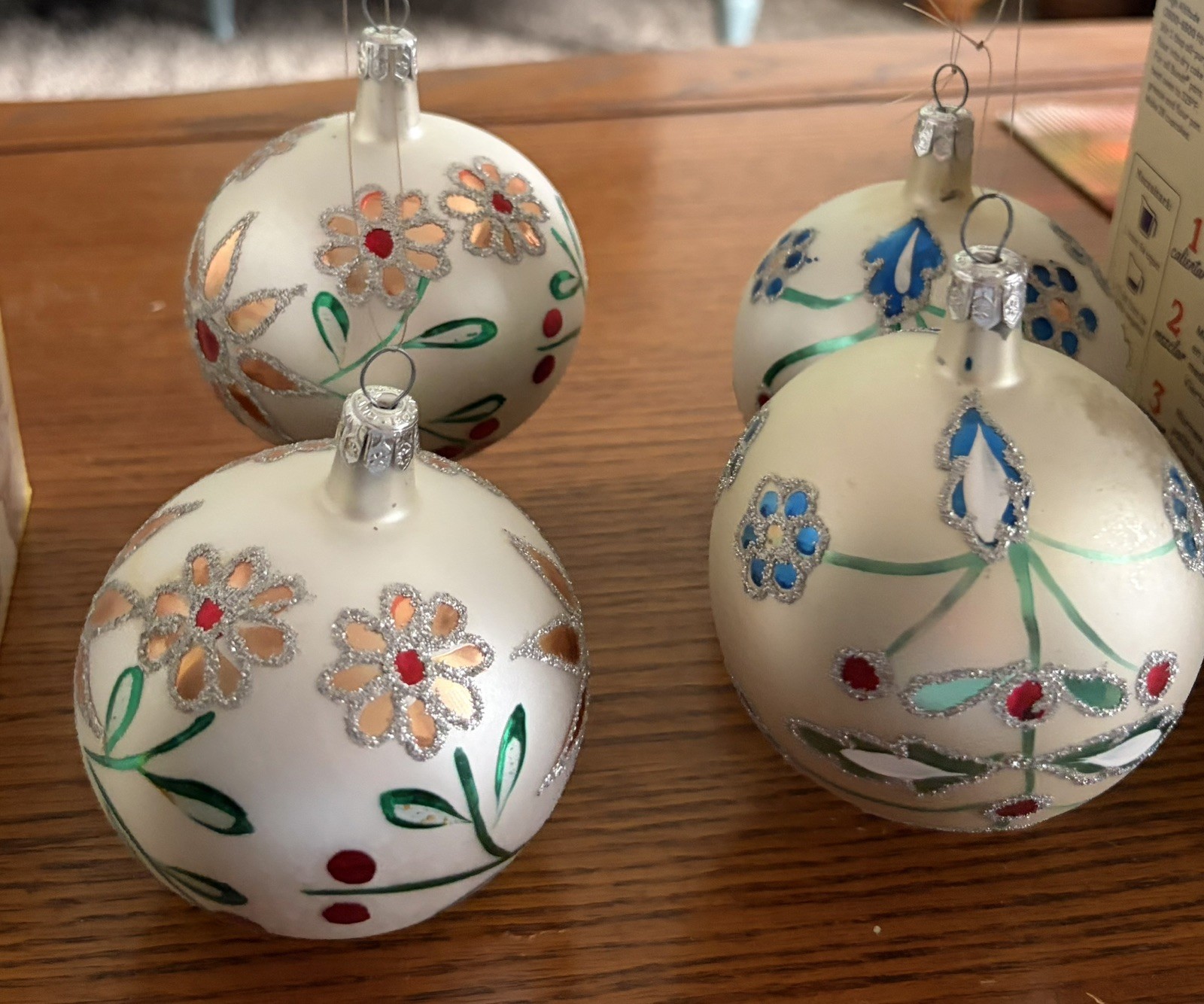 Vtg. Large Glass  Christmas Tree Ball Ornaments 4 w/ Glitter 4.5” Made In Poland